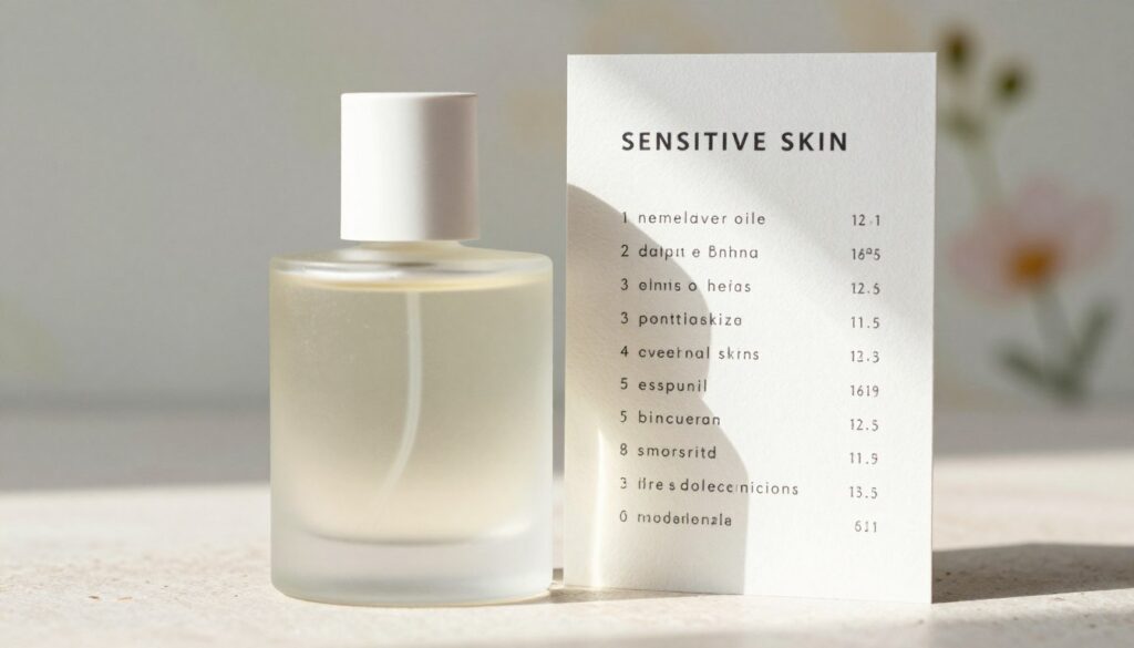 A clear perfume ingredient list beside a bottle for sensitive skin A clear perfume ingredient list beside a bottle for sensitive skin