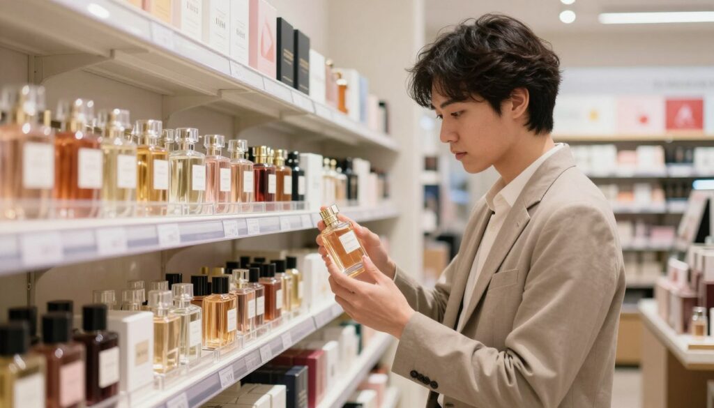 Retailer checking perfume stock and package details before listing