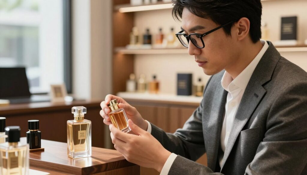 Retailer inspecting one perfume sample before a small launch